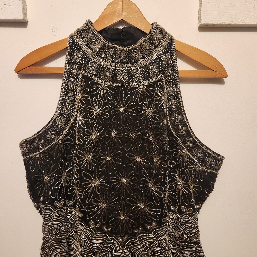 Papell Boutique Black and Silver Beaded Halter Top